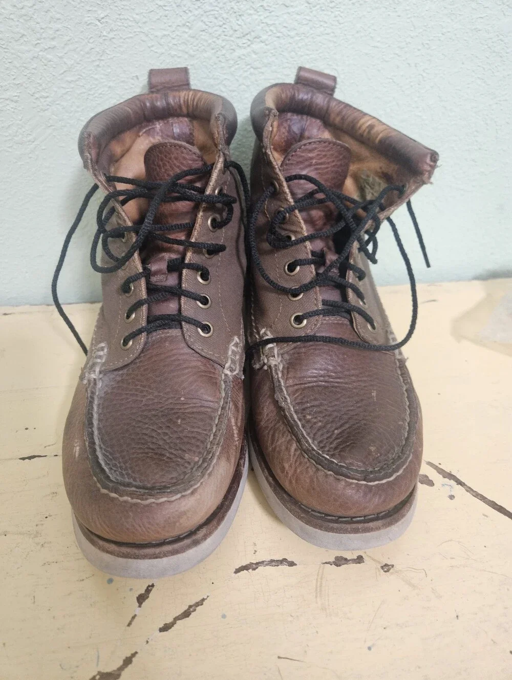 Eastland Sherman Brown Leather & Canvas Lace-Up Moccasin Wedge Boots